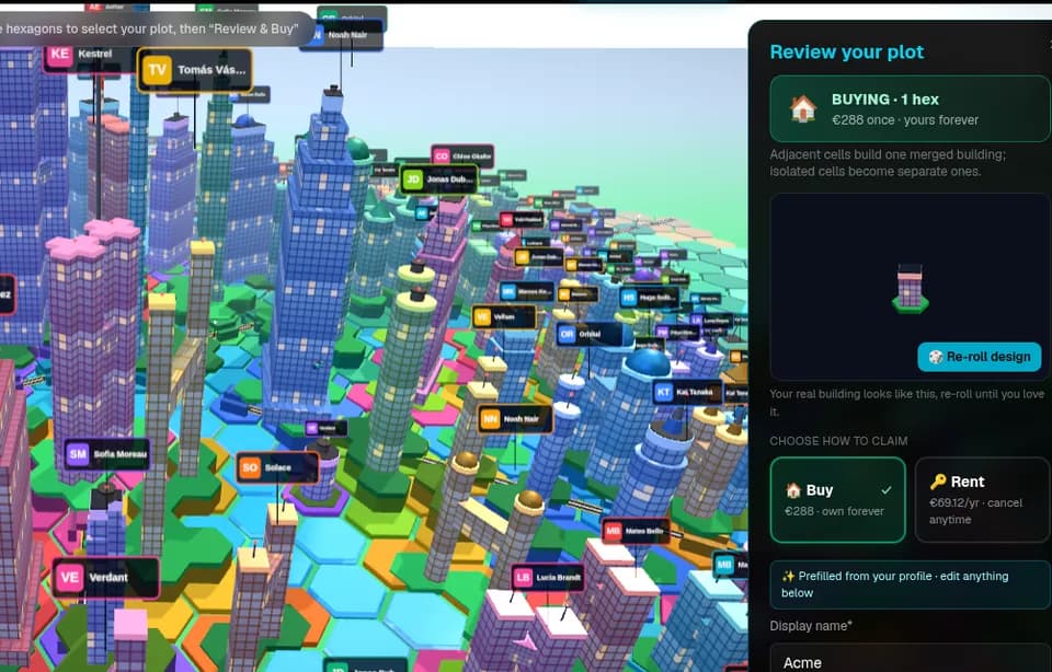 Buying a hexagon in a full, built-up city on The City Mesh, where scarcity has raised the price