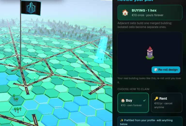 Buying a hexagon in a brand-new city on The City Mesh, where the price starts at €10